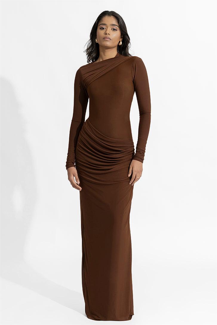 Solid Gathering Long Sleeve Maxi Dress