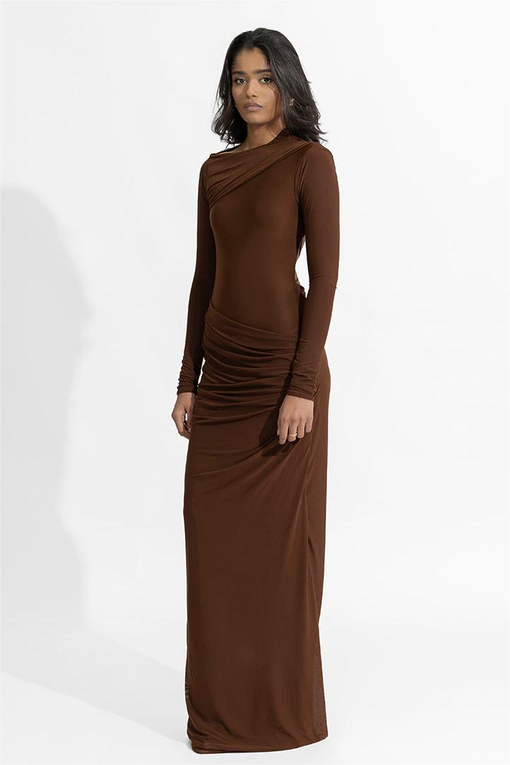 Solid Gathering Long Sleeve Maxi Dress