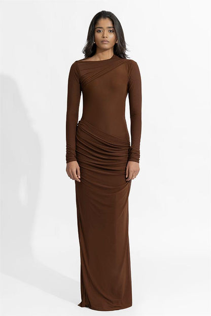 Solid Gathering Long Sleeve Maxi Dress