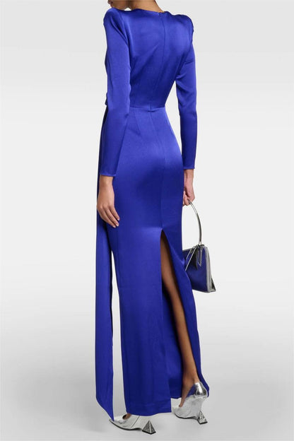 Satin Solid Long Sleeve Midi Dress
