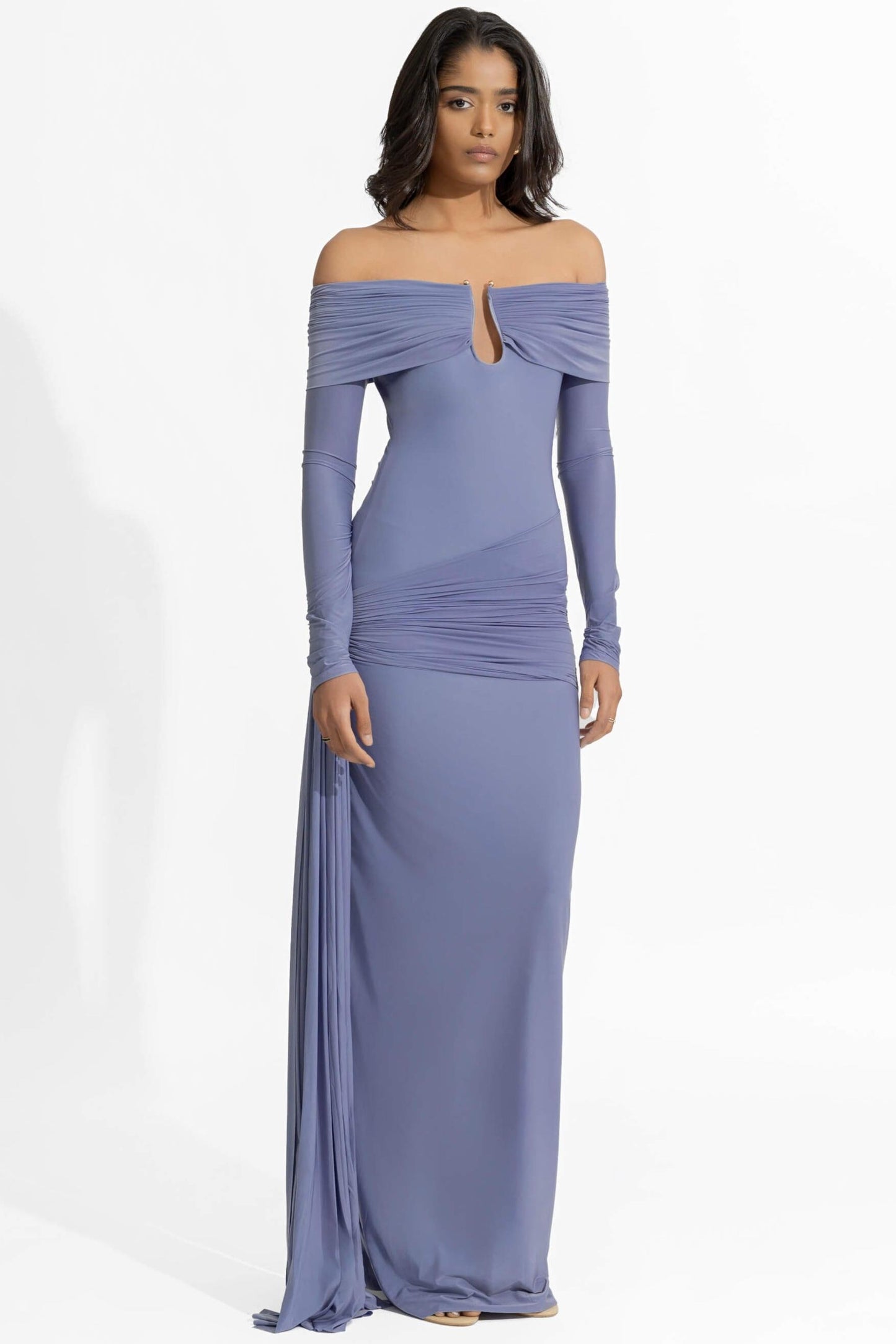 Solid Ruched Off-Shoulder Maxi Dress