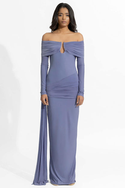 Solid Ruched Off-Shoulder Maxi Dress