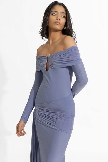 Solid Ruched Off-Shoulder Maxi Dress