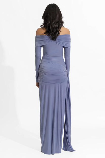 Solid Ruched Off-Shoulder Maxi Dress