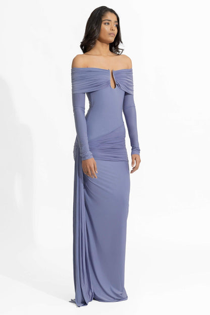 Solid Ruched Off-Shoulder Maxi Dress