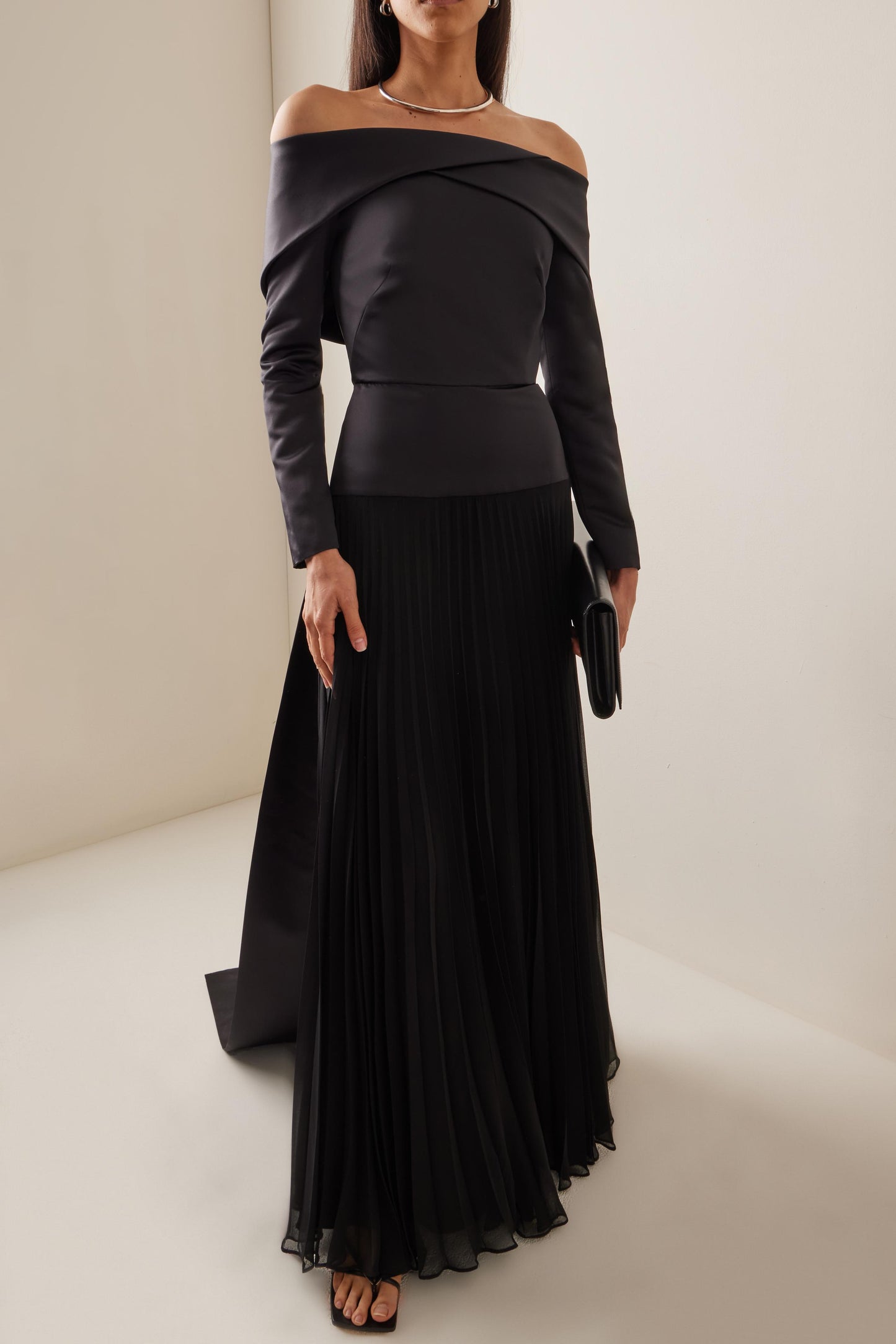 Solid Pleated Off-Shoulder Maxi Dress