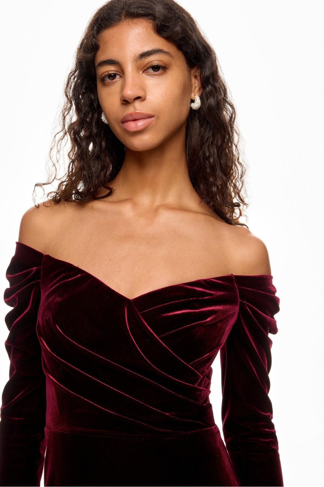 Velvet Solid Off-Shoulder Maxi Dress