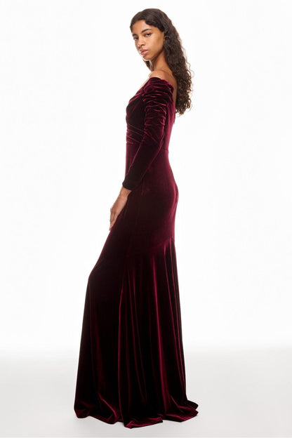 Velvet Solid Off-Shoulder Maxi Dress