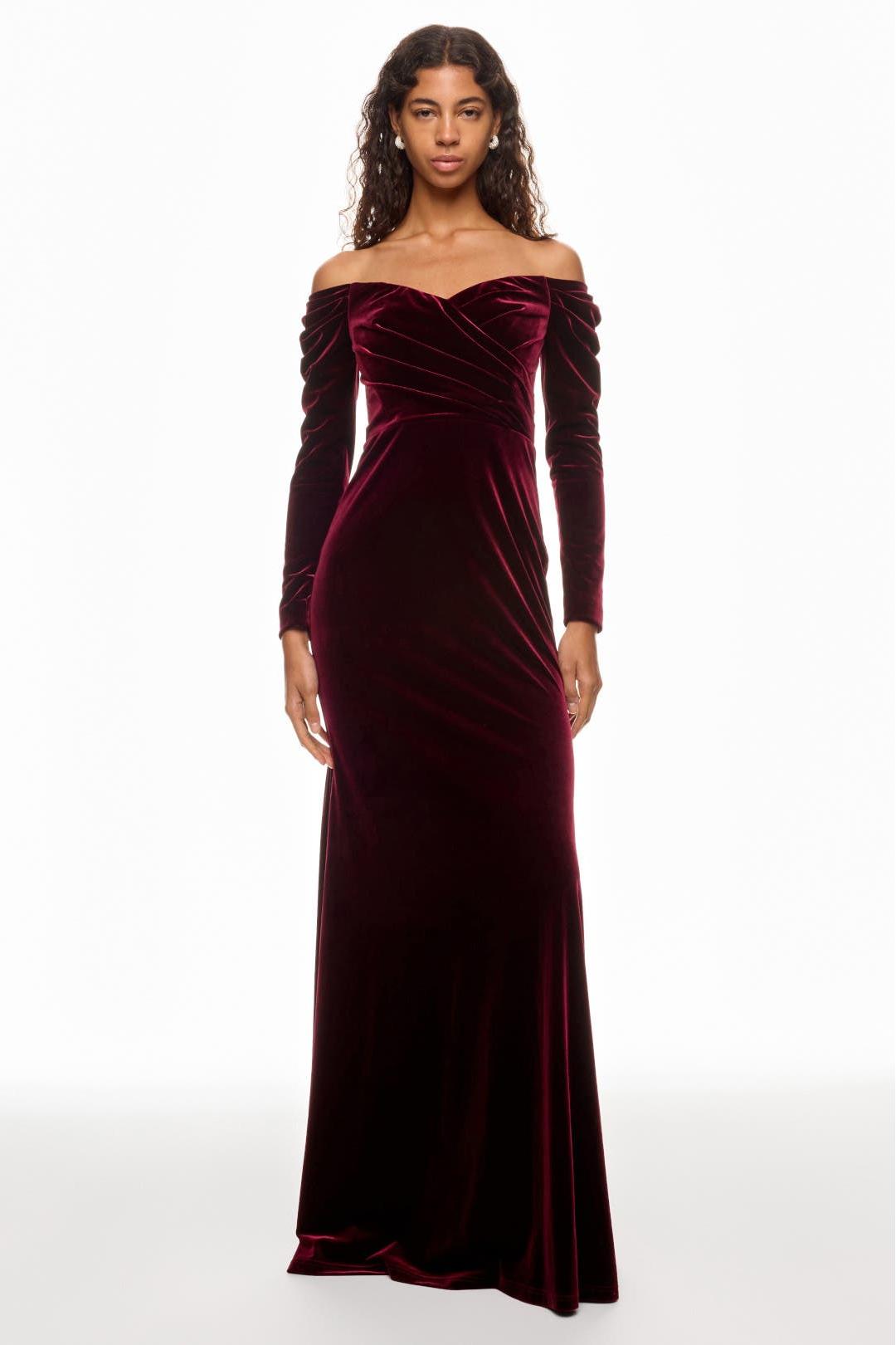 Velvet Solid Off-Shoulder Maxi Dress