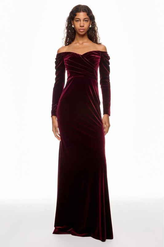Velvet Solid Off-Shoulder Maxi Dress