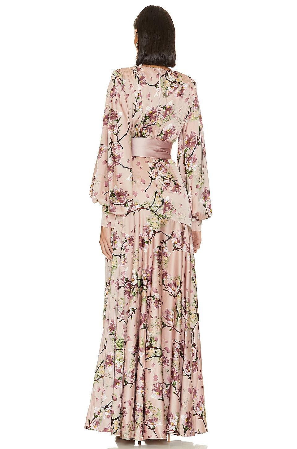 Satin V-Neck Floral Lantern Sleeve Maxi Dress