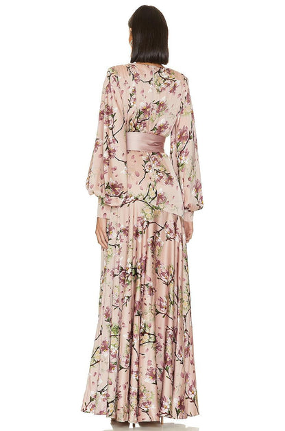 Satin V-Neck Floral Lantern Sleeve Maxi Dress