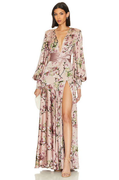 Satin V-Neck Floral Lantern Sleeve Maxi Dress
