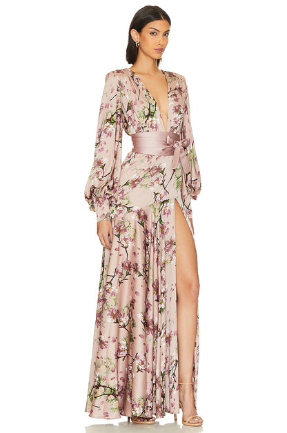 Satin V-Neck Floral Lantern Sleeve Maxi Dress
