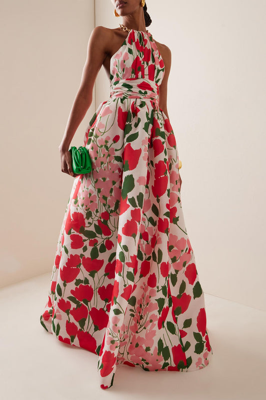 Metal Halter Neck Floral Maxi Dress