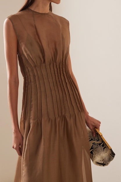 Toothpick Pleat Round Neck Sleeveless Midi Dress