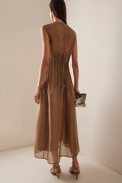Toothpick Pleat Round Neck Sleeveless Midi Dress