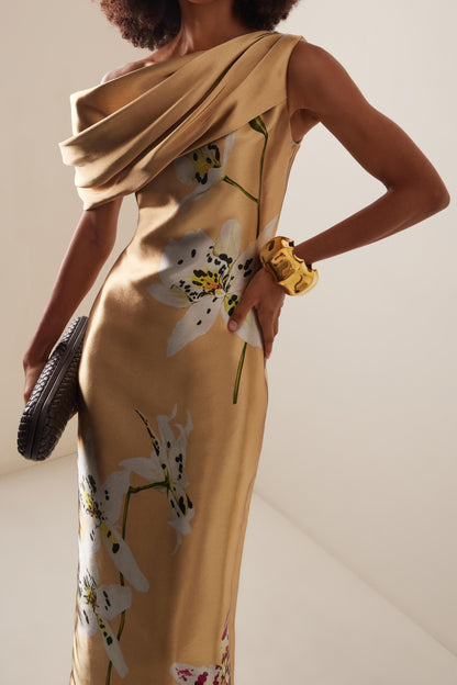 Satin Asymmetrical Neck Floral Maxi Dress