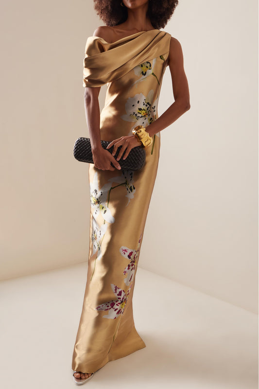 Satin Asymmetrical Neck Floral Maxi Dress