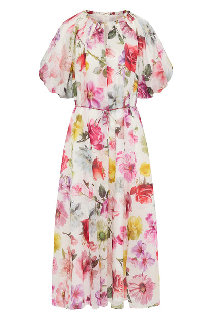 Floral Raglan Sleeve Round Neck Midi Dress