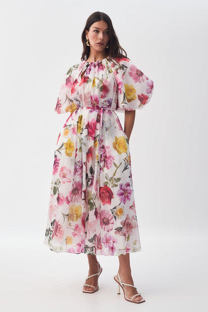 Floral Raglan Sleeve Round Neck Midi Dress