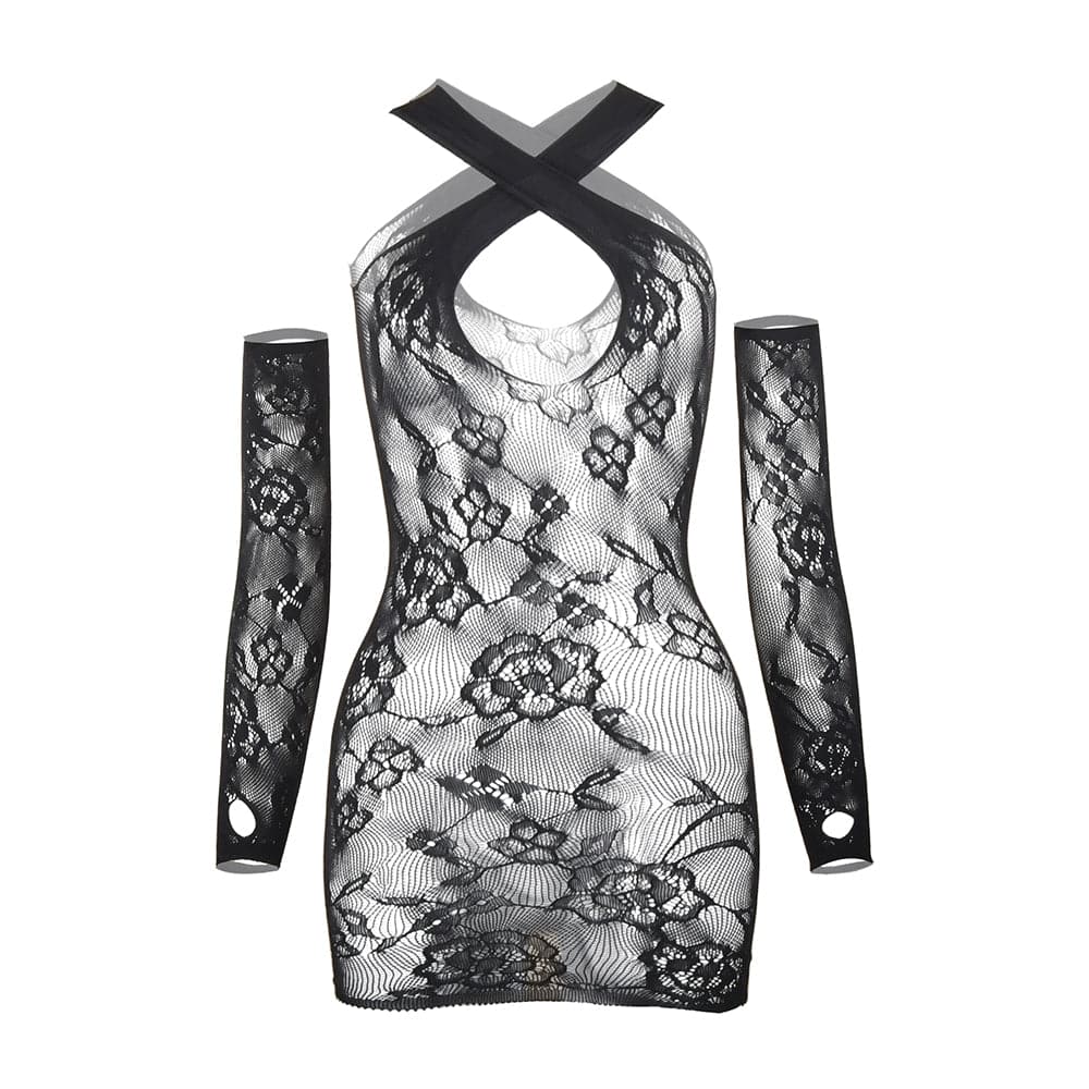 Gloves sheer lace hollow out cross front cut out mini dress