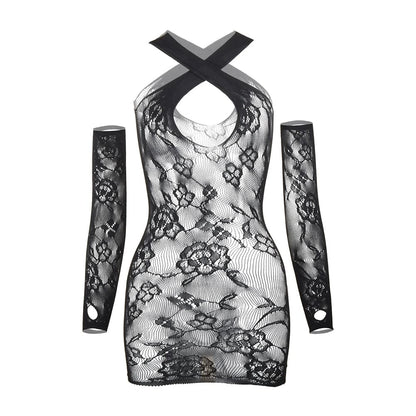 Gloves sheer lace hollow out cross front cut out mini dress
