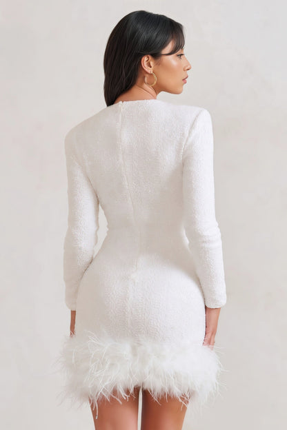 Yaliu White Sequin Feather Mini Dress