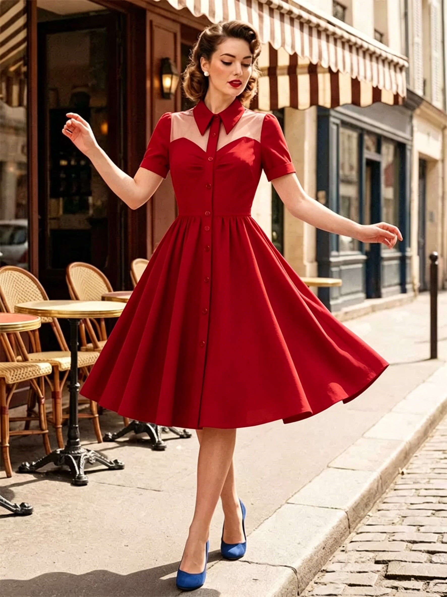 Women's 1950s Vintage Swing Dress Mesh Contrast Collar Button Front Midi Dress