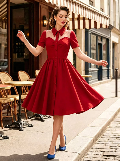 Women's 1950s Vintage Swing Dress Mesh Contrast Collar Button Front Midi Dress