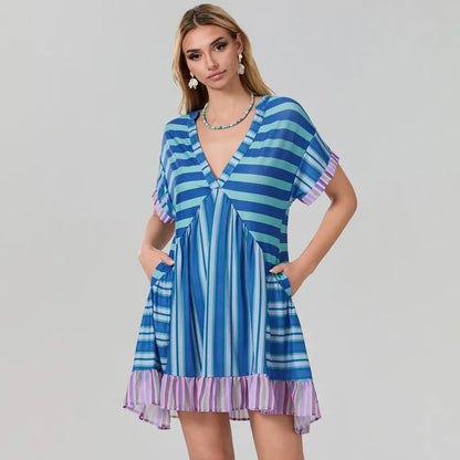 Bohemian Beach Floral Print Flowy Dress with Pockets