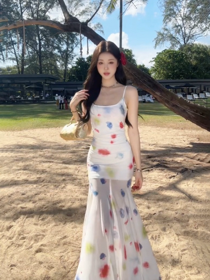 Watercolor Tie-Dye Mermaid Dress Slimming Bodycon Beach Maxi for Photoshoots