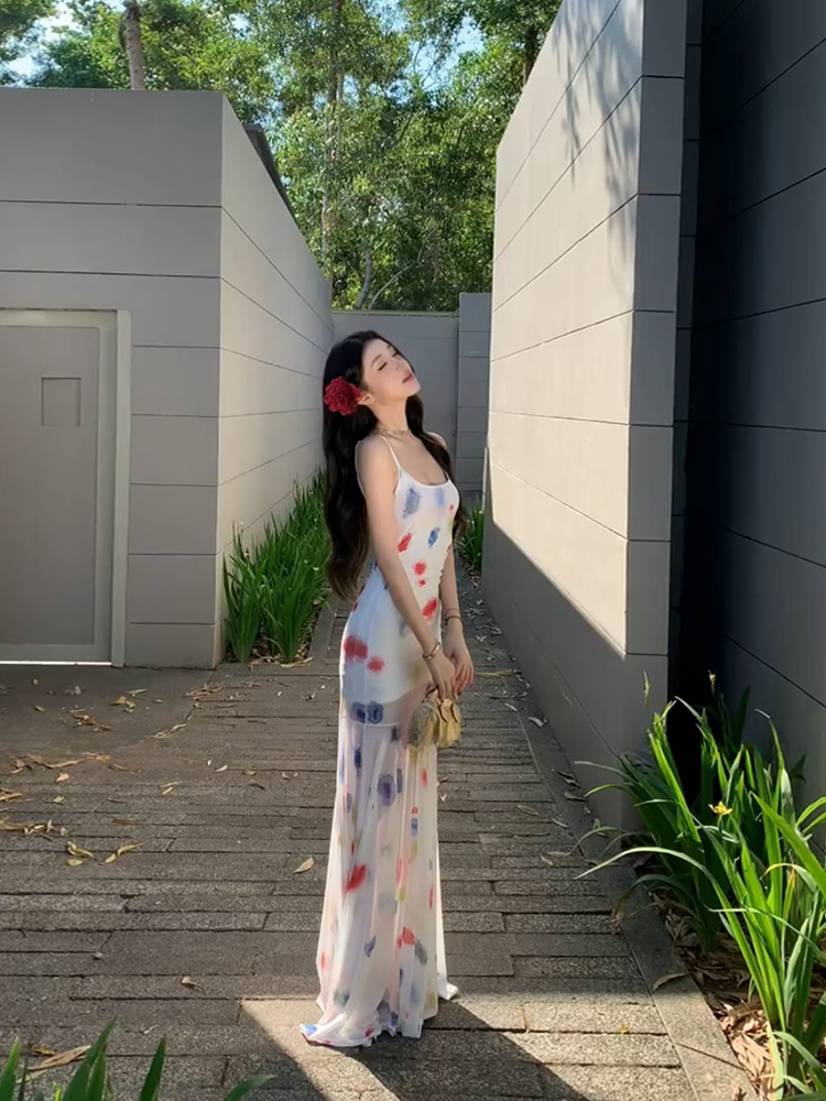 Watercolor Tie-Dye Mermaid Dress Slimming Bodycon Beach Maxi for Photoshoots