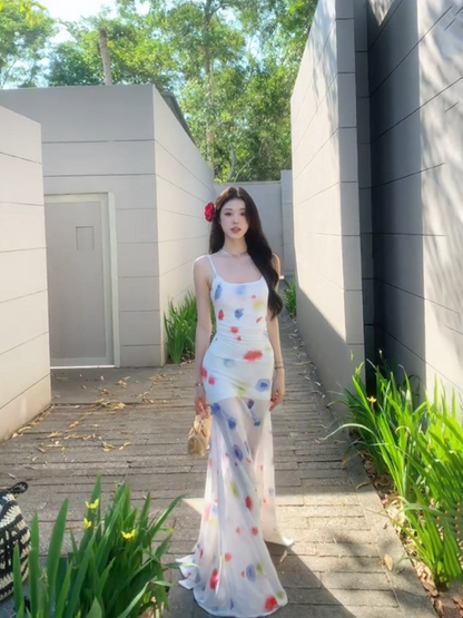 Watercolor Tie-Dye Mermaid Dress Slimming Bodycon Beach Maxi for Photoshoots