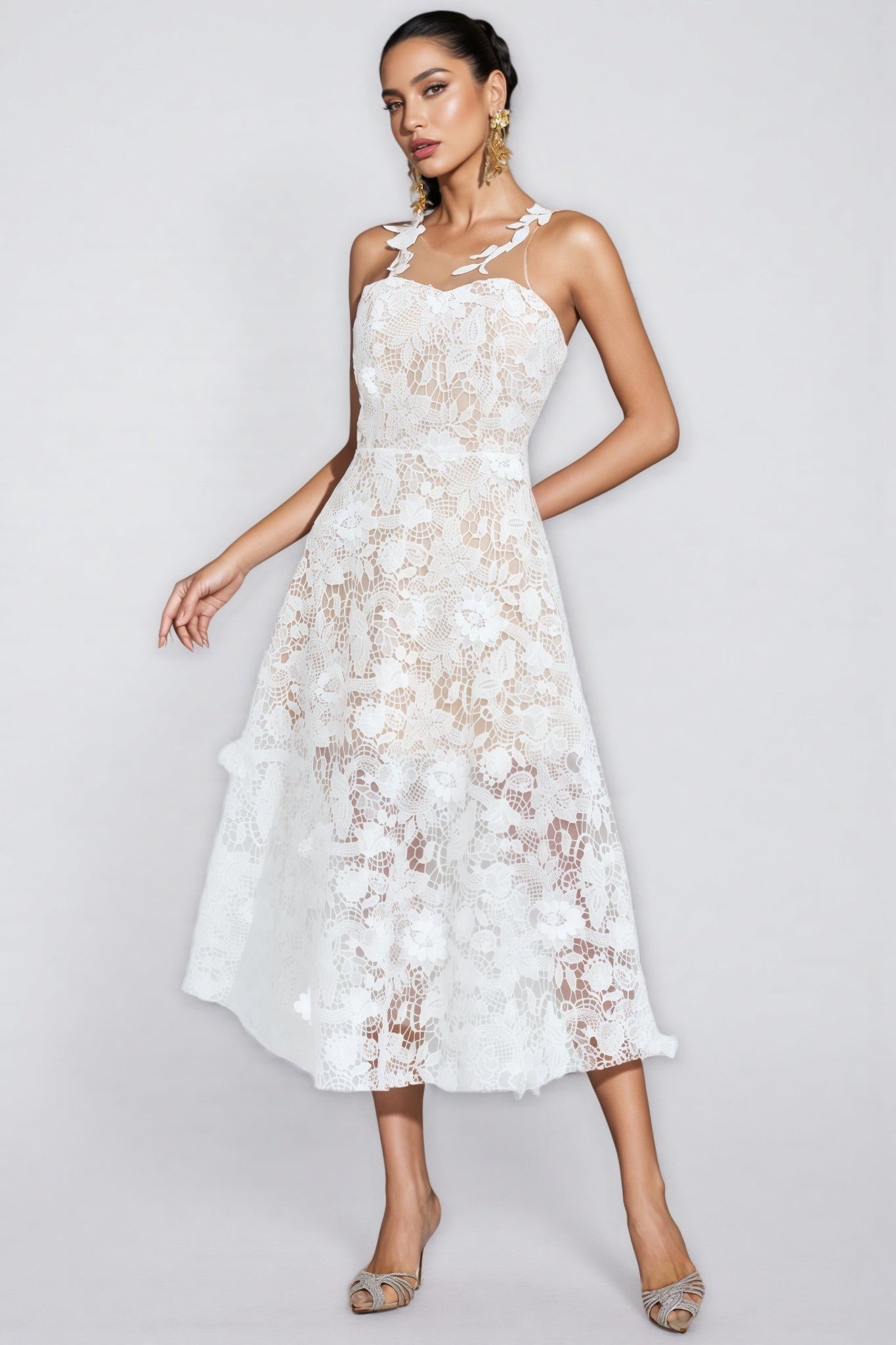 Malachi White Lace Illusion Midi Dress