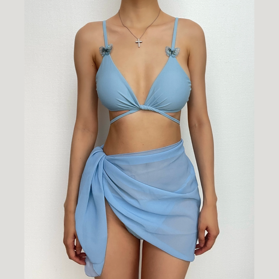 Solid self tie irregular butterfly applique 3 piece swimwear