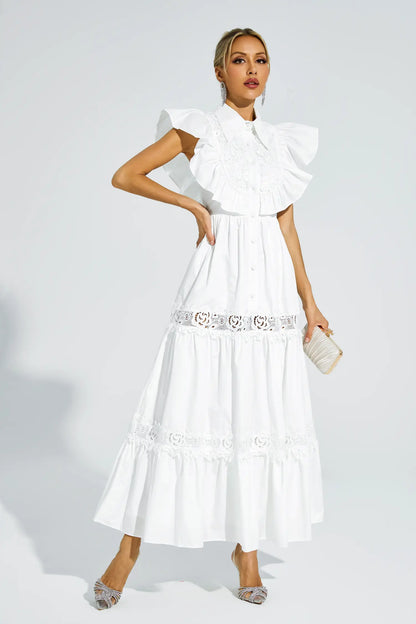 Wesley White Sleeveless Ruffle Midi Dress