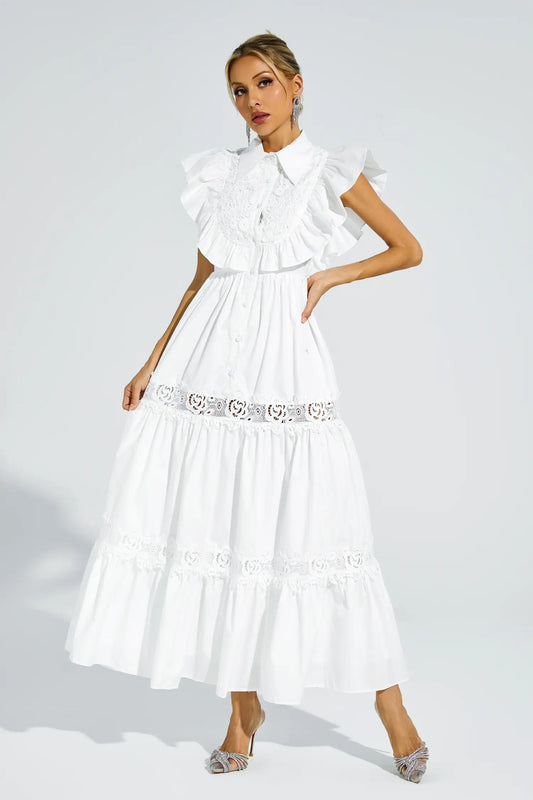 Wesley White Sleeveless Ruffle Midi Dress