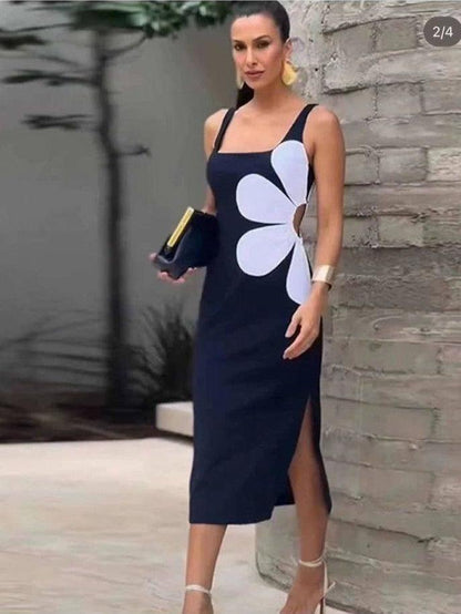 Flower Print Cutout Midi Dress