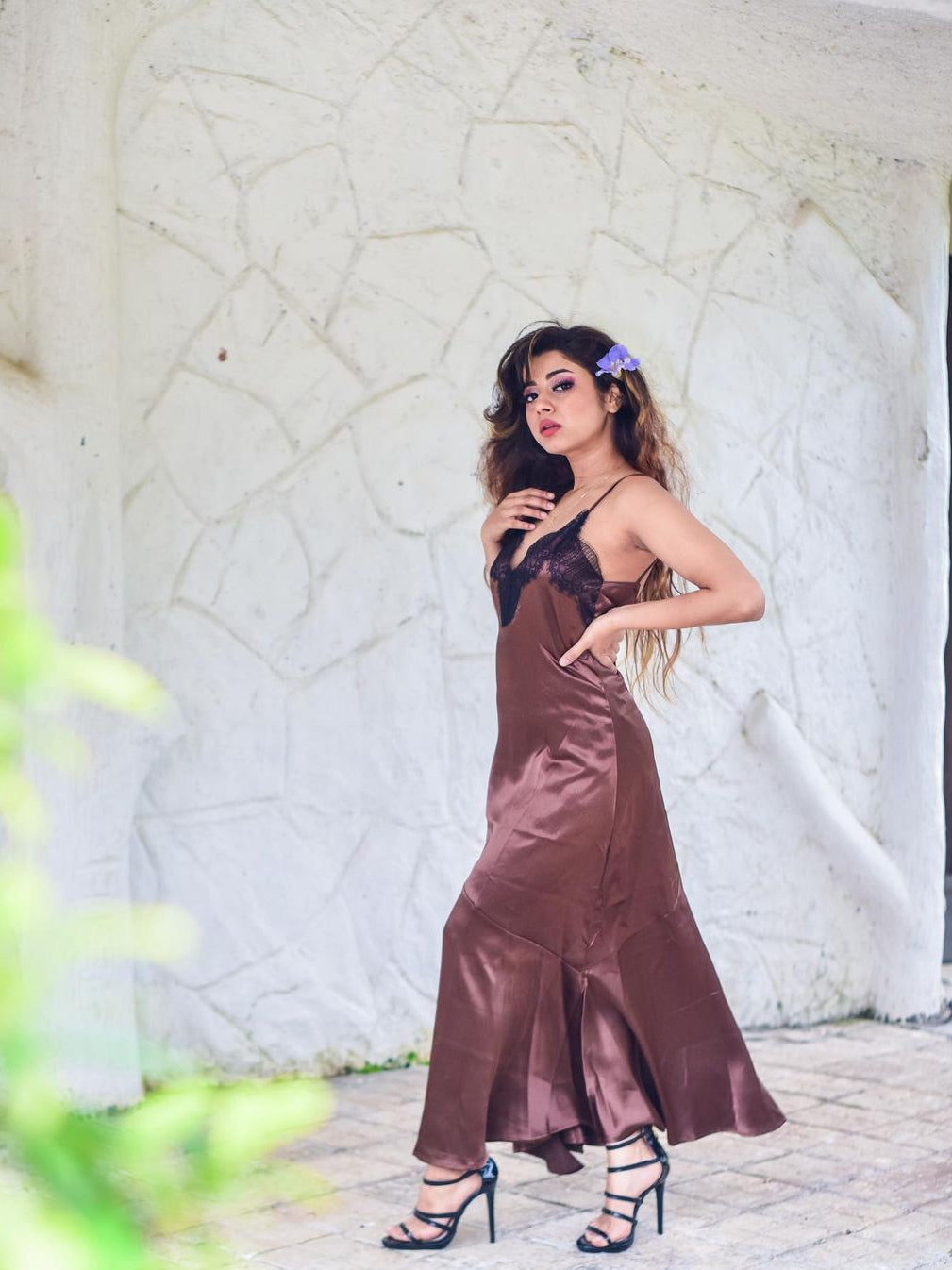 Satin Lace V Neck Split Strap Women Dress