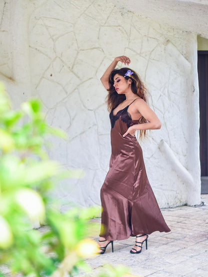 Satin Lace V Neck Split Strap Women Dress