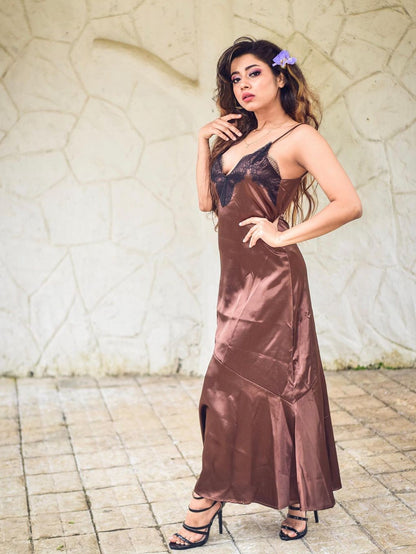 Satin Lace V Neck Split Strap Women Dress
