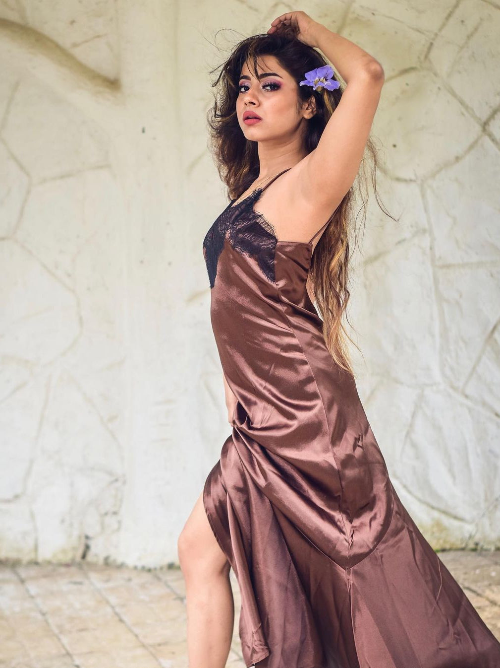 Satin Lace V Neck Split Strap Women Dress