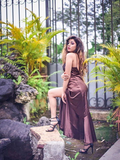 Satin Lace V Neck Split Strap Women Dress
