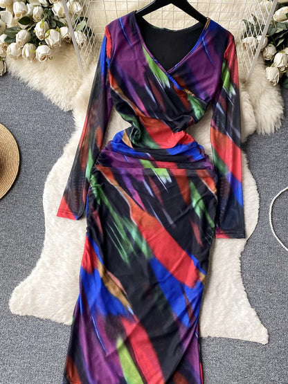 Ruched V Neck Full Sleeves Mesh Dress
