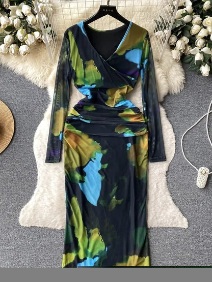 Ruched V Neck Full Sleeves Mesh Dress
