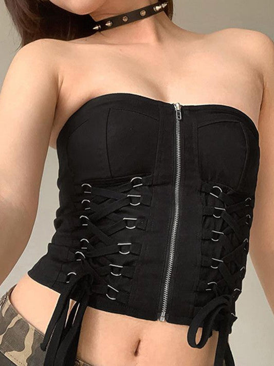 Black Lace up Chain Tube Top