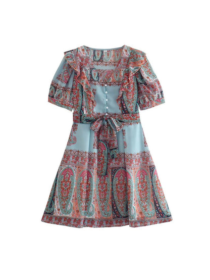Vintage Print Puff Sleeve Dress