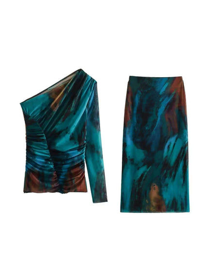 Tropical Print One Shoulder Ruched Mesh Top & Skirt Coord Set