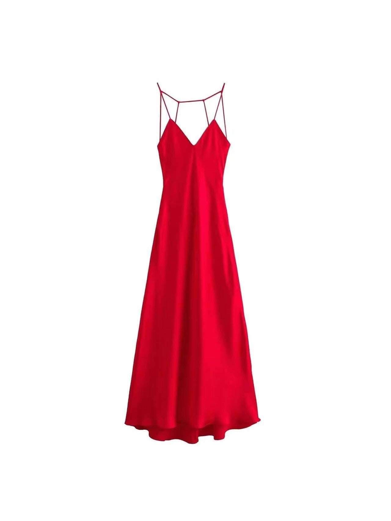 Spaghetti Strap Red Backless Satin Maxi Dress